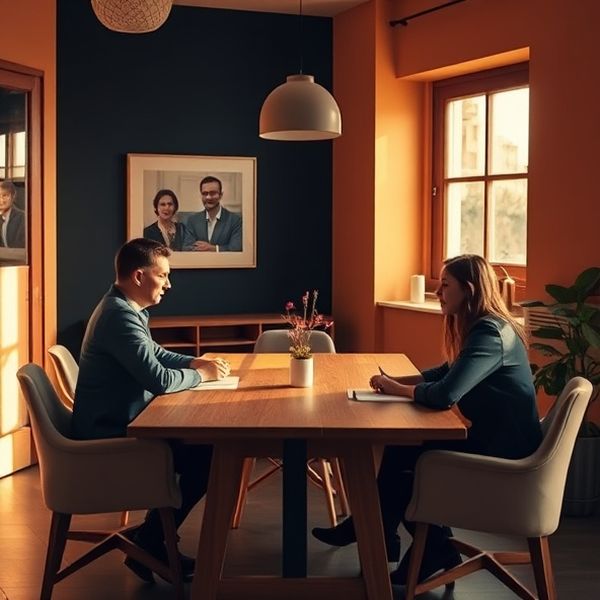 Echipă profesională în jurul unei mese din lemn, într-un birou cu accent indigo