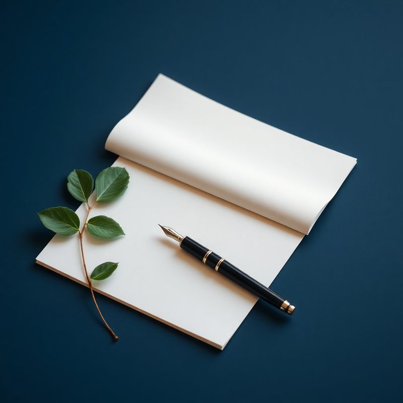 Still-life minimalist: document împăturit, stilou și frunză verde pe suprafață indigo